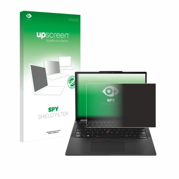 Parte frontal de un envase de producto con el logotipo de la marca upscreen. Al lado se muestra el dispositivo Lenovo ThinkPad