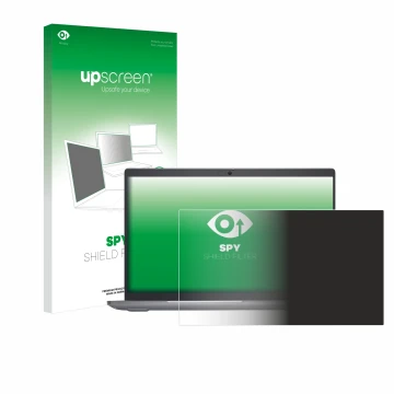 Parte frontal de un envase de producto con el logotipo de la marca upscreen. Al lado se muestra el dispositivo Dell Latitude 5