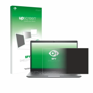 Parte frontal de un envase de producto con el logotipo de la marca upscreen. Al lado se muestra el dispositivo Dell Latitude 5