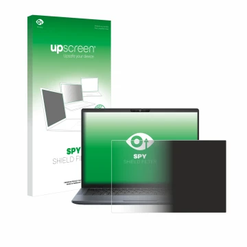 Parte frontal de un envase de producto con el logotipo de la marca upscreen. Al lado se muestra el dispositivo Dell Latitude 7