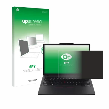 Parte frontal de un envase de producto con el logotipo de la marca upscreen. Al lado se muestra el dispositivo Lenovo ThinkPad