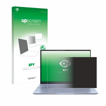 Parte frontal de un envase de producto con el logotipo de la marca upscreen. Al lado se muestra el dispositivo ASUS Vivobook S