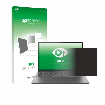 Parte frontal de un envase de producto con el logotipo de la marca upscreen. Al lado se muestra el dispositivo Lenovo Yoga Pro