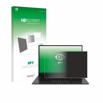 Parte frontal de un envase de producto con el logotipo de la marca upscreen. Al lado se muestra el dispositivo ASUS ZenBook 14