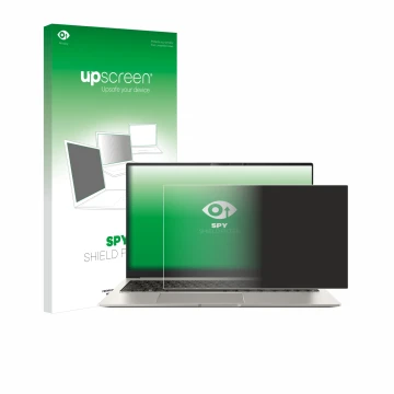 Parte frontal de un envase de producto con el logotipo de la marca upscreen. Al lado se muestra el dispositivo ASUS ZenBook 15