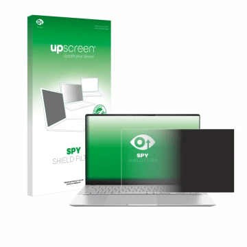 Parte frontal de un envase de producto con el logotipo de la marca upscreen. Al lado se muestra el dispositivo ASUS Vivobook S