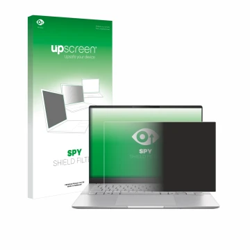 Parte frontal de un envase de producto con el logotipo de la marca upscreen. Al lado se muestra el dispositivo ASUS Vivobook S