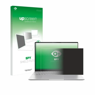 Parte frontal de un envase de producto con el logotipo de la marca upscreen. Al lado se muestra el dispositivo ASUS Vivobook S