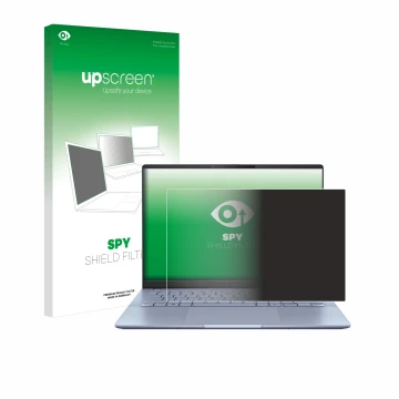 Parte frontal de un envase de producto con el logotipo de la marca upscreen. Al lado se muestra el dispositivo ASUS Vivobook S