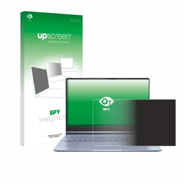 Parte frontal de un envase de producto con el logotipo de la marca upscreen. Al lado se muestra el dispositivo ASUS Vivobook S