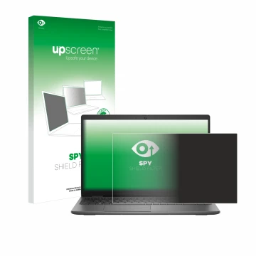 Parte frontal de un envase de producto con el logotipo de la marca upscreen. Al lado se muestra el dispositivo Dell Latitude 1