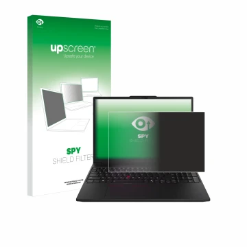 Parte frontal de un envase de producto con el logotipo de la marca upscreen. Al lado se muestra el dispositivo Lenovo ThinkPad