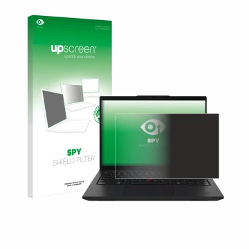 Parte frontal de un envase de producto con el logotipo de la marca upscreen. Al lado se muestra el dispositivo Lenovo ThinkPad