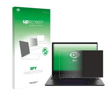Parte frontal de un envase de producto con el logotipo de la marca upscreen. Al lado se muestra el dispositivo Lenovo ThinkPad