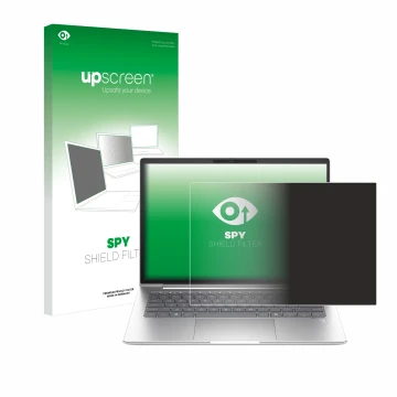 Parte frontal de un envase de producto con el logotipo de la marca upscreen. Al lado se muestra el dispositivo HP EliteBook 64