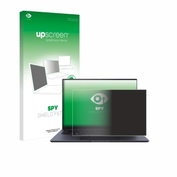 Parte frontal de un envase de producto con el logotipo de la marca upscreen. Al lado se muestra el dispositivo ASUS ZenBook Pr