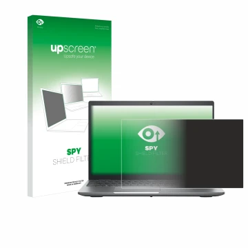 Parte frontal de un envase de producto con el logotipo de la marca upscreen. Al lado se muestra el dispositivo Dell Precision 
