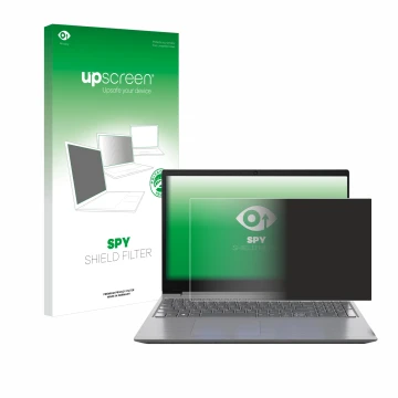 Parte frontal de un envase de producto con el logotipo de la marca upscreen. Al lado se muestra el dispositivo Lenovo 15.6