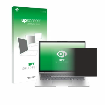 Parte frontal de un envase de producto con el logotipo de la marca upscreen. Al lado se muestra el dispositivo HP ProBook 440 