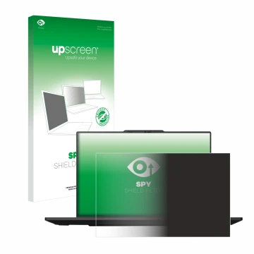 Parte frontal de un envase de producto con el logotipo de la marca upscreen. Al lado se muestra el dispositivo Lenovo ThinkPad