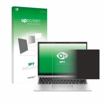 Parte frontal de un envase de producto con el logotipo de la marca upscreen. Al lado se muestra el dispositivo HP EliteBook 83