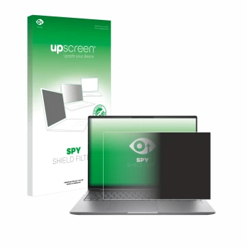 Parte frontal de un envase de producto con el logotipo de la marca upscreen. Al lado se muestra el dispositivo HP ZBook Power 