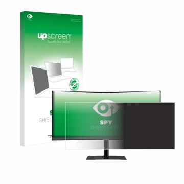 Parte frontal de un envase de producto con el logotipo de la marca upscreen. Al lado se muestra el dispositivo Samsung ViewFin