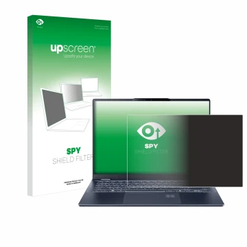Parte frontal de un envase de producto con el logotipo de la marca upscreen. Al lado se muestra el dispositivo Acer Swift 14 A