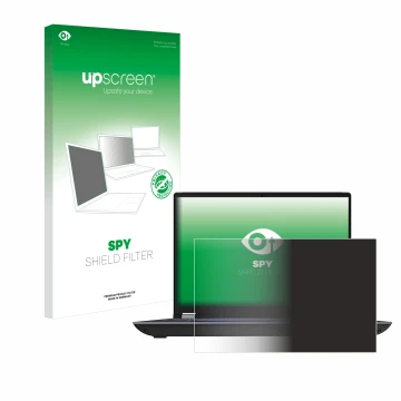 Parte frontal de un envase de producto con el logotipo de la marca upscreen. Al lado se muestra el dispositivo Lenovo ThinkPad