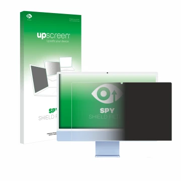 Parte frontal de un envase de producto con el logotipo de la marca upscreen. Al lado se muestra el dispositivo Apple iMac 24