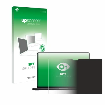 Parte frontal de un envase de producto con el logotipo de la marca upscreen. Al lado se muestra el dispositivo Apple MacBook P