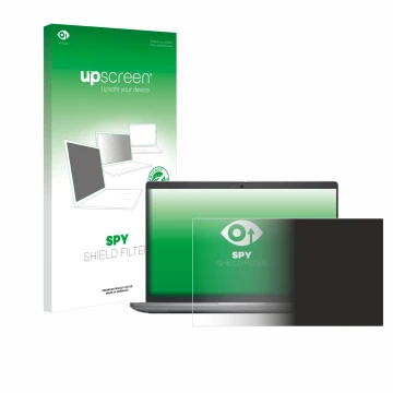 Parte frontal de un envase de producto con el logotipo de la marca upscreen. Al lado se muestra el dispositivo Dell Latitude 5