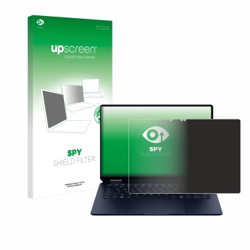 Parte frontal de un envase de producto con el logotipo de la marca upscreen. Al lado se muestra el dispositivo HP OmniBook Ult