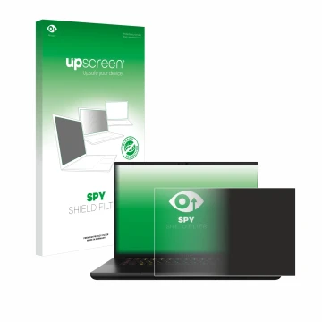Parte frontal de un envase de producto con el logotipo de la marca upscreen. Al lado se muestra el dispositivo Razer Blade 16 