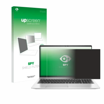 Parte frontal de un envase de producto con el logotipo de la marca upscreen. Al lado se muestra el dispositivo HP EliteBook 65
