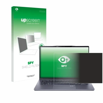 Parte frontal de un envase de producto con el logotipo de la marca upscreen. Al lado se muestra el dispositivo Acer Swift Go 1
