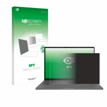 Parte frontal de un envase de producto con el logotipo de la marca upscreen. Al lado se muestra el dispositivo ASUS ZenBook A1