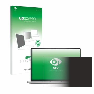 Parte frontal de un envase de producto con el logotipo de la marca upscreen. Al lado se muestra el dispositivo Dell Pro 16 Plu