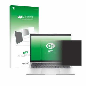 Parte frontal de un envase de producto con el logotipo de la marca upscreen. Al lado se muestra el dispositivo HP EliteBook 10