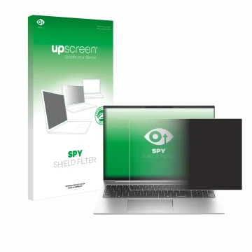 Parte frontal de un envase de producto con el logotipo de la marca upscreen. Al lado se muestra el dispositivo HP EliteBook 83