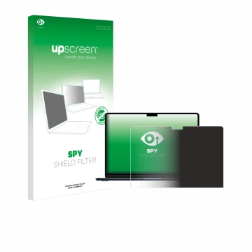 Parte frontal de un envase de producto con el logotipo de la marca upscreen. Al lado se muestra el dispositivo Apple MacBook A