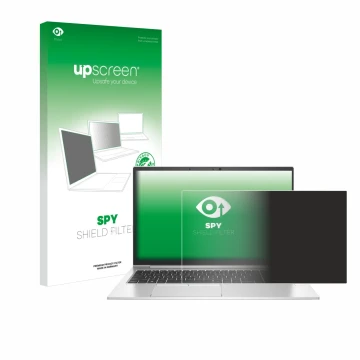 Parte frontal de un envase de producto con el logotipo de la marca upscreen. Al lado se muestra el dispositivo HP EliteBook 85