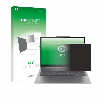 Parte frontal de un envase de producto con el logotipo de la marca upscreen. Al lado se muestra el dispositivo Lenovo IdeaPad 