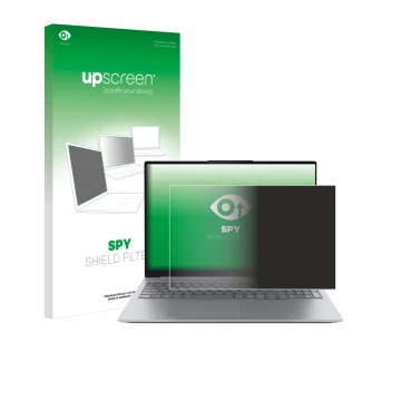Parte frontal de un envase de producto con el logotipo de la marca upscreen. Al lado se muestra el dispositivo Lenovo ThinkBoo
