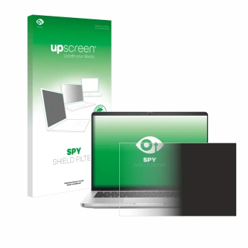 Parte frontal de un envase de producto con el logotipo de la marca upscreen. Al lado se muestra el dispositivo Dell Pro 14 Plu