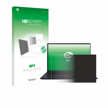 Parte frontal de un envase de producto con el logotipo de la marca upscreen. Al lado se muestra el dispositivo ASUS Vivobook 1