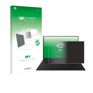 Parte frontal de un envase de producto con el logotipo de la marca upscreen. Al lado se muestra el dispositivo LG gram 17