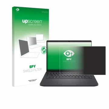 Parte frontal de un envase de producto con el logotipo de la marca upscreen. Al lado se muestra el dispositivo Dell Pro Max 14