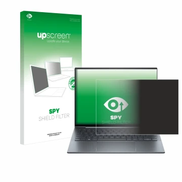 Parte frontal de un envase de producto con el logotipo de la marca upscreen. Al lado se muestra el dispositivo HP Dragonfly 13