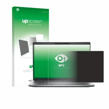 Parte frontal de un envase de producto con el logotipo de la marca upscreen. Al lado se muestra el dispositivo Dell Latitude 5